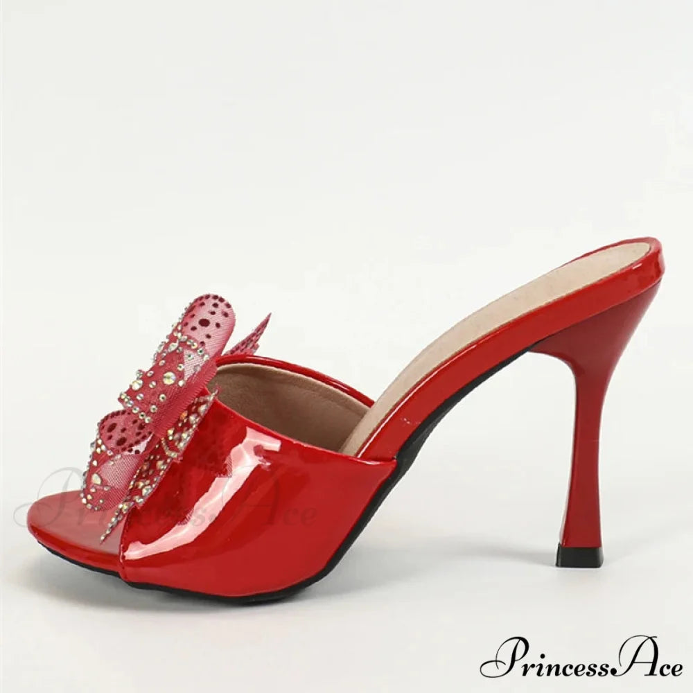 2024 New Arrivals Patent Leather Women Slippers Sandals Peep Toe Crystal Mesh Bowknot High Heels Summer Party Shoe Red