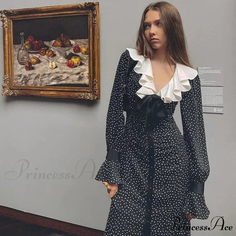 2024 New Autumn Fashionable French Style Floral Long-sleeved Elegant Casual Vestidos Midi Dress Black / S