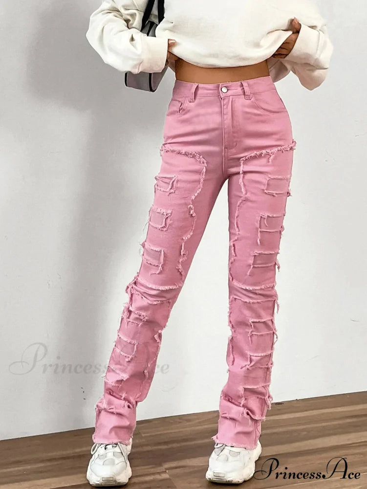 2024 New European and American Streetwise Stretch Patch for Women High Street Straight Fit Long Women’s Jean
