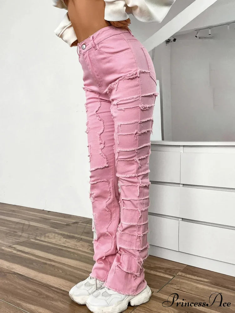 2024 New European and American Streetwise Stretch Patch for Women High Street Straight Fit Long Women’s Jean