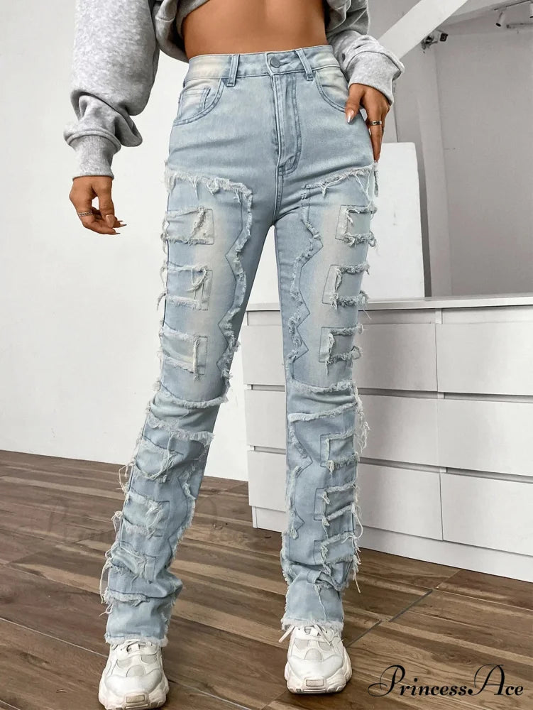 2024 New European and American Streetwise Stretch Patch for Women High Street Straight Fit Long Women’s Jean Baby Blue