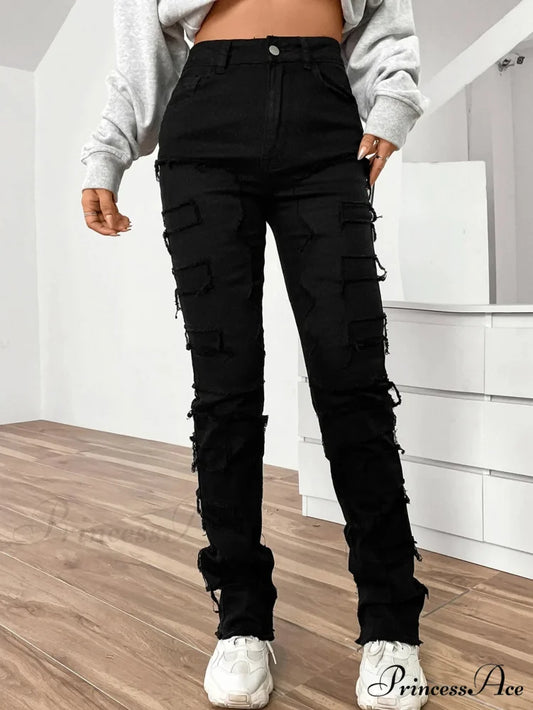 2024 New European and American Streetwise Stretch Patch for Women High Street Straight Fit Long Women’s Jean Black / S