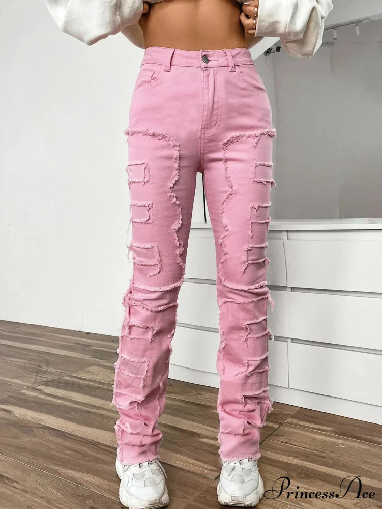 2024 New European and American Streetwise Stretch Patch for Women High Street Straight Fit Long Women’s Jean Pink / S
