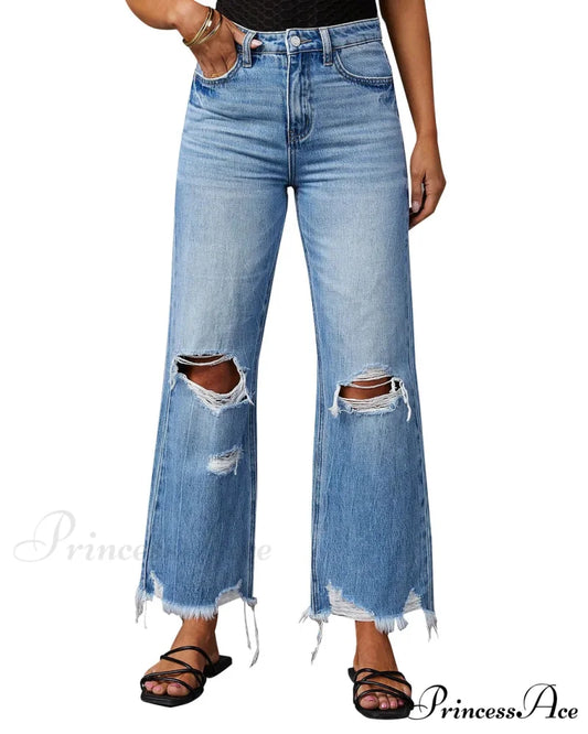2024 New Fashion High Waist Straight Denim Vintage Tassel Women Baggy Spring Summer Blue Jean Blue / S