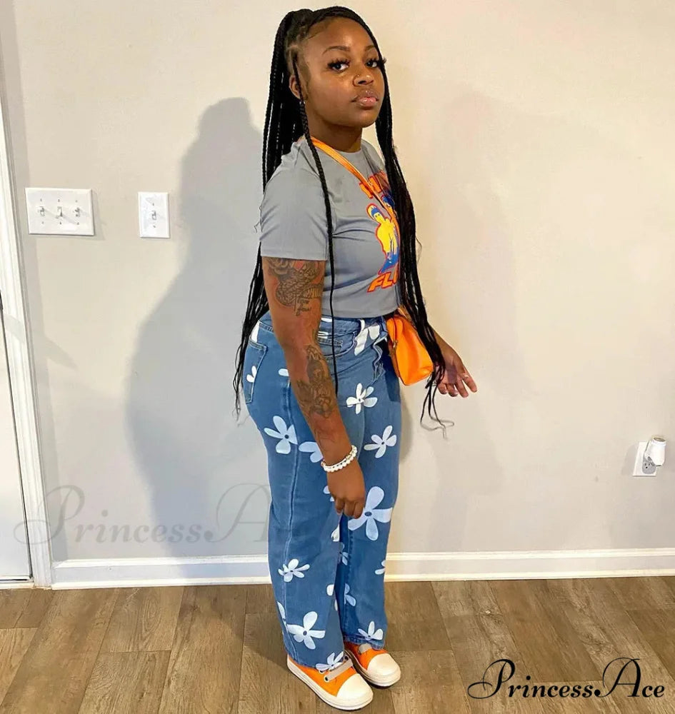 2024 New Floral Print Women Streetwear Y2k Straight Leg Baggy DenimVintage Blue 90s Jean