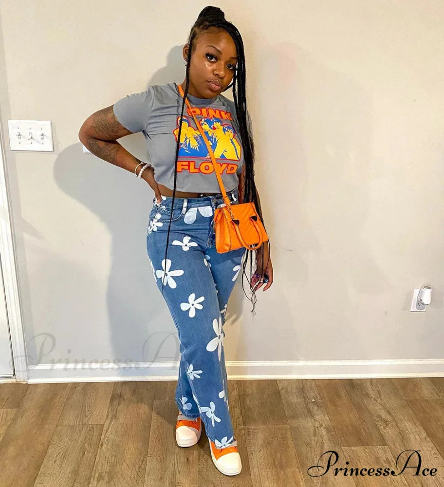 2024 New Floral Print Women Streetwear Y2k Straight Leg Baggy DenimVintage Blue 90s Jean Blue / S