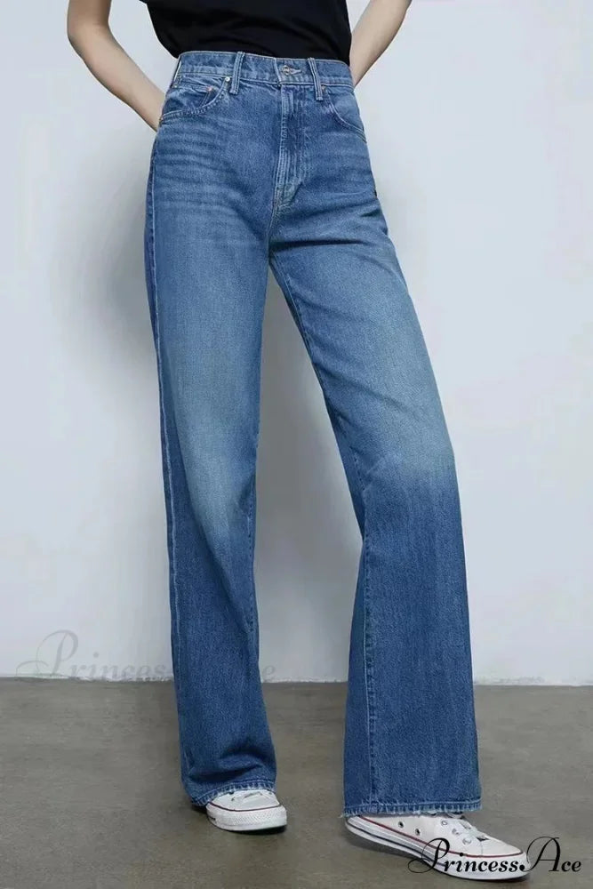 2024 New High-waisted Wide-leg Straight Women Solid-color Embroidered Letter Denim Long Jean