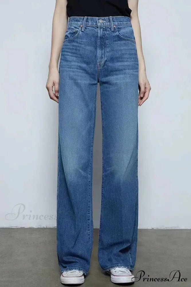 2024 New High-waisted Wide-leg Straight Women Solid-color Embroidered Letter Denim Long Jean