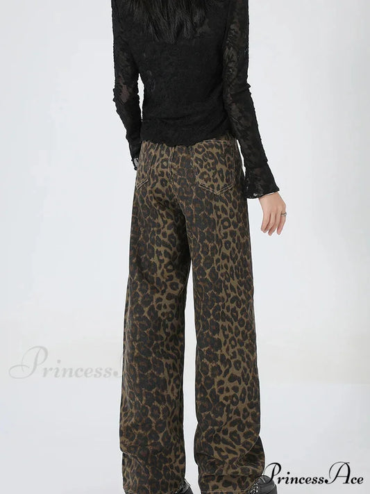 2024 New Leopard Print Wide Leg Women High Waisted Fashion Streetwear Retro Y2K Denim Baggy Casual Straight Jean