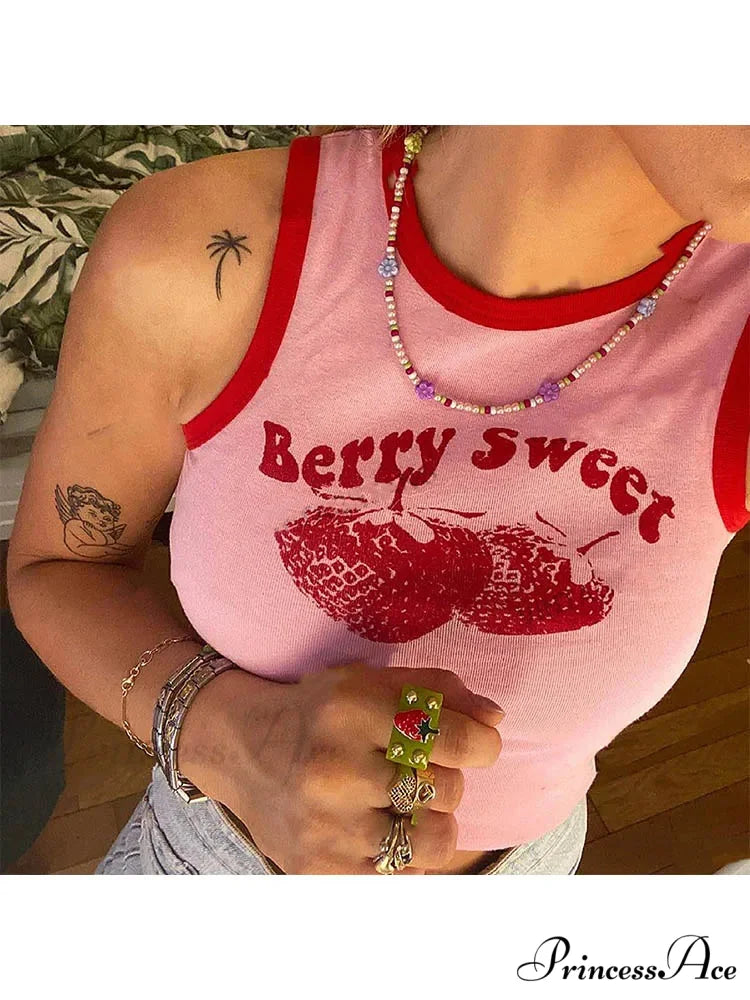 2024 Pink Print Y2k Summer Off Shoulder O Neck Sleeveless Fashion Vintage Crops Women Casual Sexy Tank top PINK / S