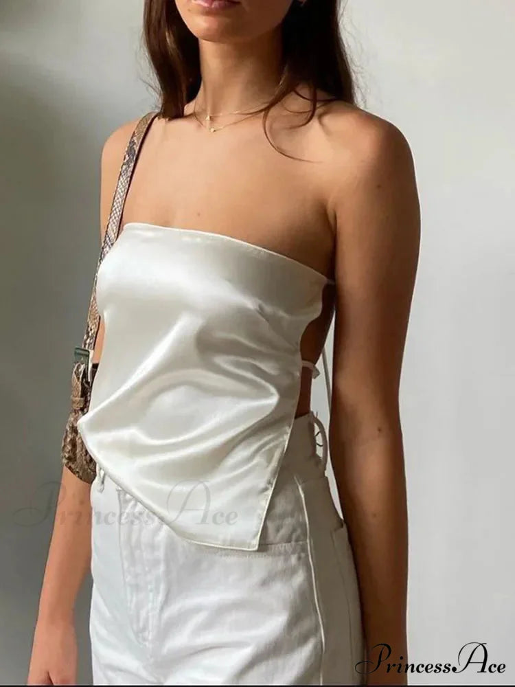 2024 Satin Backless Crop Women Green Summer Cami Bandage Sleeveless Strapless Off Shoulder Tank top