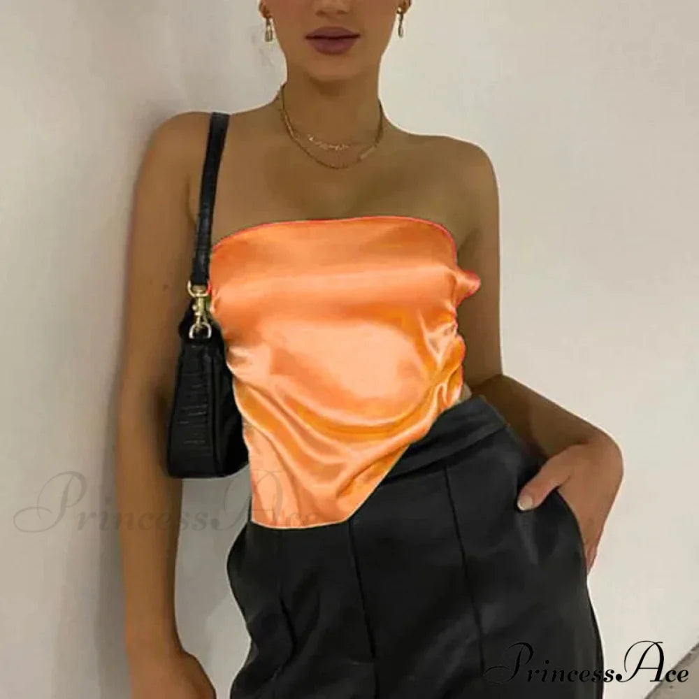 2024 Satin Backless Crop Women Green Summer Cami Bandage Sleeveless Strapless Off Shoulder Tank top Orange / S