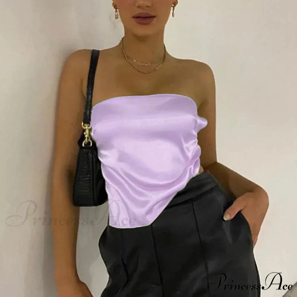 2024 Satin Backless Crop Women Green Summer Cami Bandage Sleeveless Strapless Off Shoulder Tank top PURPLE / S