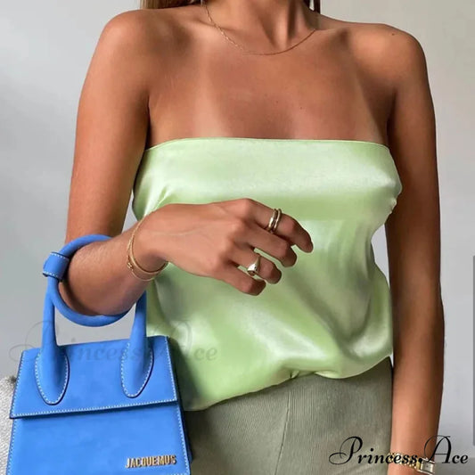2024 Satin Backless Crop Women Green Summer Cami Bandage Sleeveless Strapless Off Shoulder Tank top Green / S