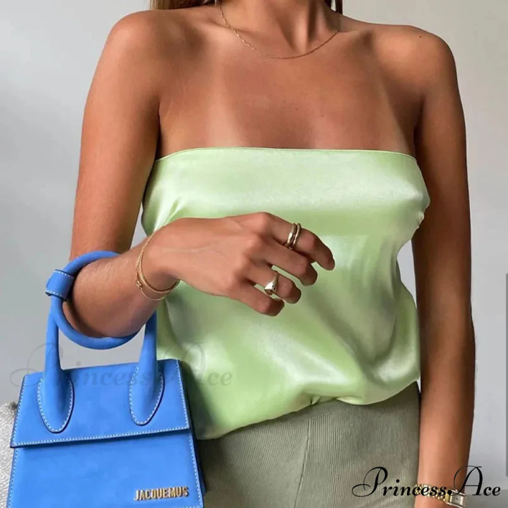 2024 Satin Backless Crop Women Green Summer Cami Bandage Sleeveless Strapless Off Shoulder Tank top Green / S