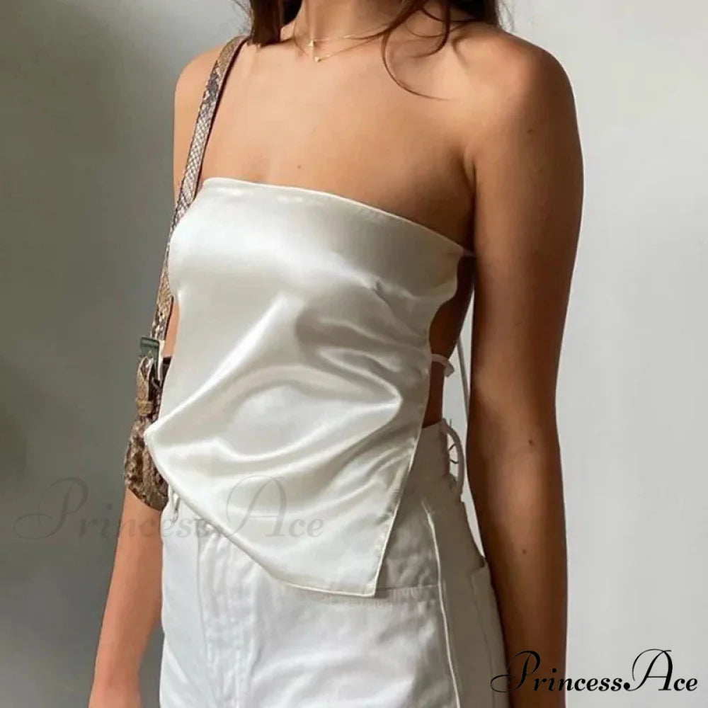 2024 Satin Backless Crop Women Green Summer Cami Bandage Sleeveless Strapless Off Shoulder Tank top WHITE / S