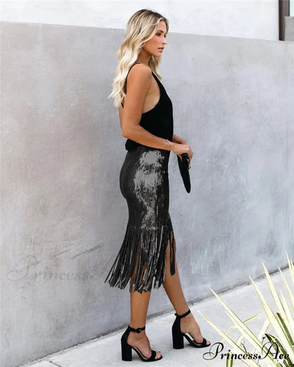 2024 Sequin Tassel Tight Midi Skirt