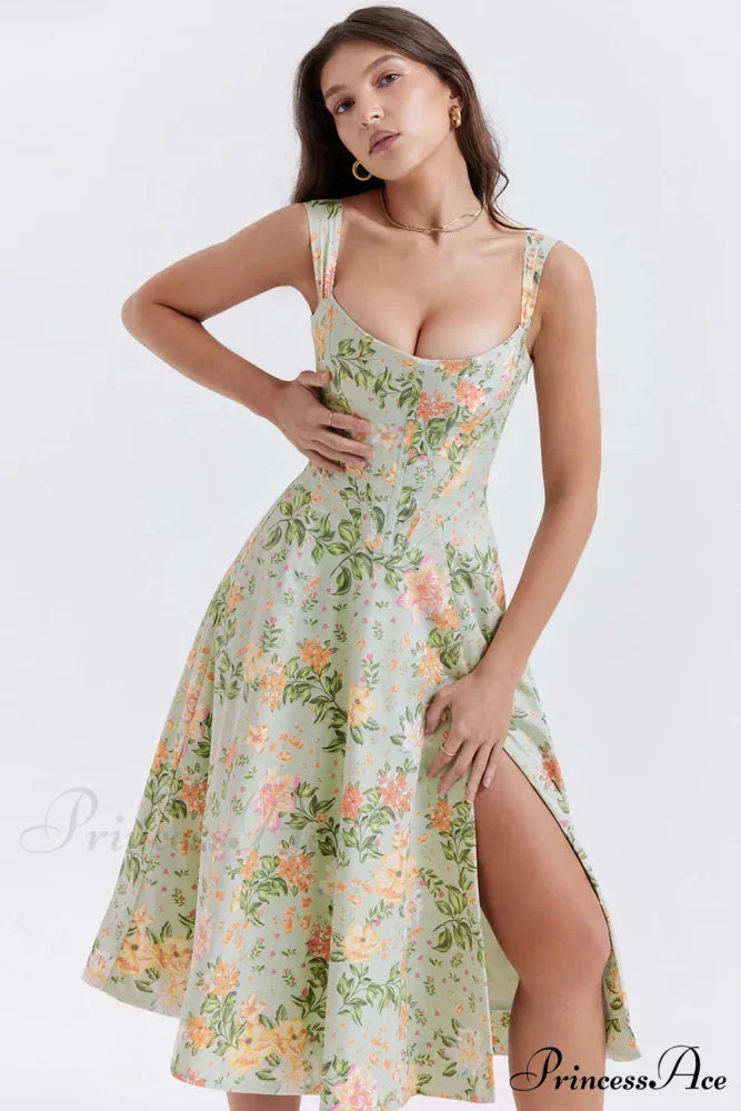 2024 Slip Spring and Summer Thin Ribbon Split Long es for Women Floral Dress GREEN / S