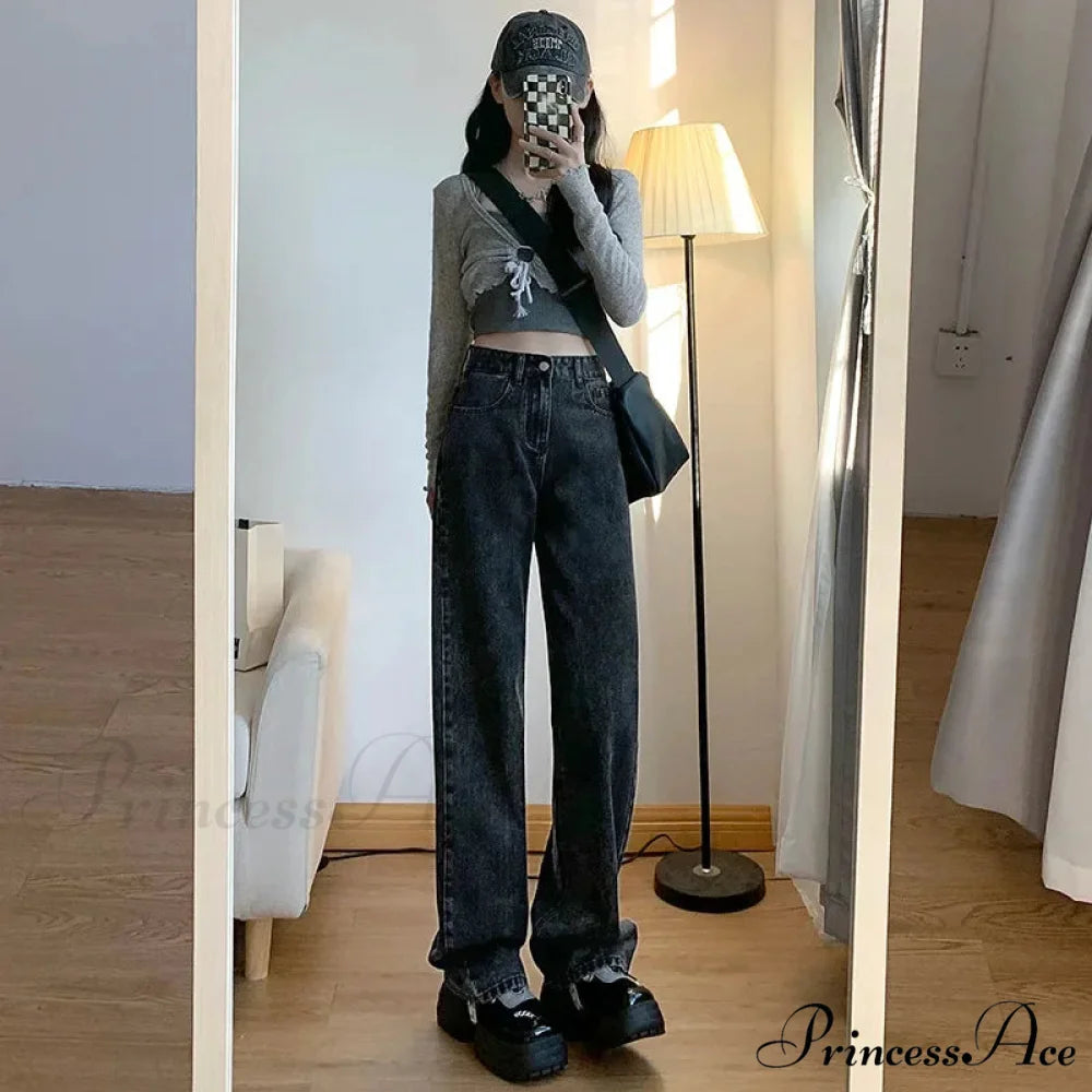 2024 Spring Autumn New Vintage Waist Pants For Women Korean Fashion Streetwear Straight Casual Baggy Woman Jeans Black