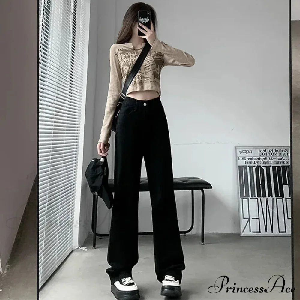 2024 Spring Autumn New Vintage Waist Pants For Women Korean Fashion Streetwear Straight Casual Baggy Woman Jeans Black