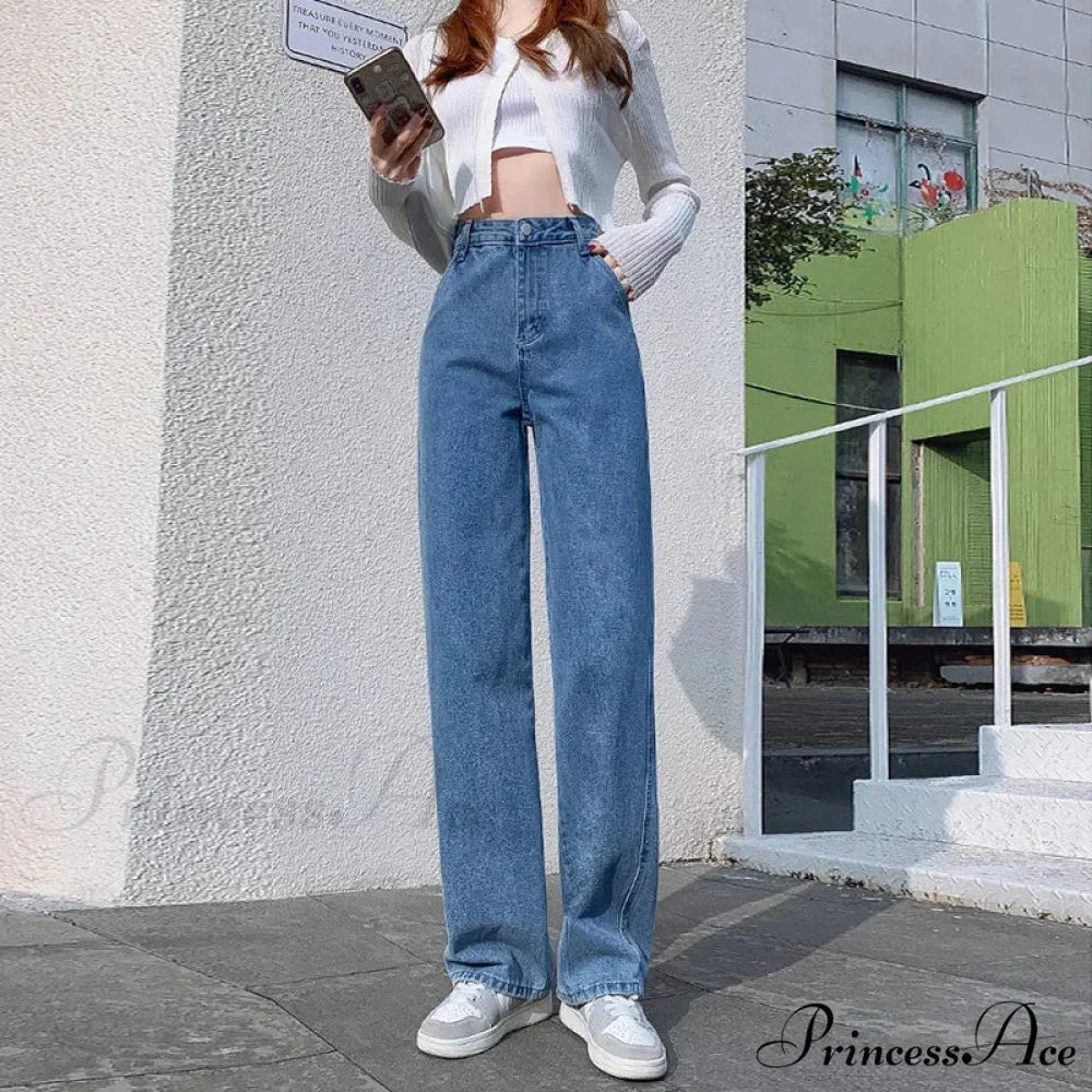 2024 Spring Autumn New Vintage Waist Pants For Women Korean Fashion Streetwear Straight Casual Baggy Woman Jeans BLUE