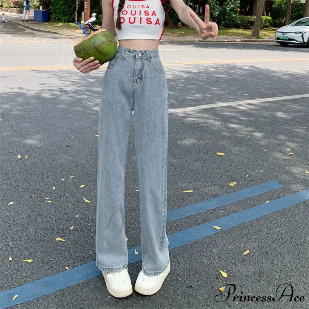 2024 Spring Autumn New Vintage Waist Pants For Women Korean Fashion Streetwear Straight Casual Baggy Woman Jeans Light