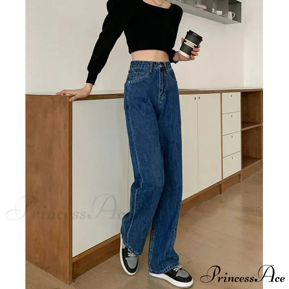 2024 Spring Autumn New Vintage Waist Pants For Women Korean Fashion Streetwear Straight Casual Baggy Woman Jeans Navy