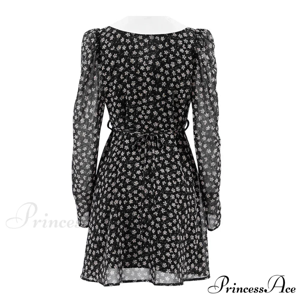 2024 Spring French Puff Sleeve Women’s Doll Collar Waist Long Sleeve A-Link Skirt Summer Floral Dress