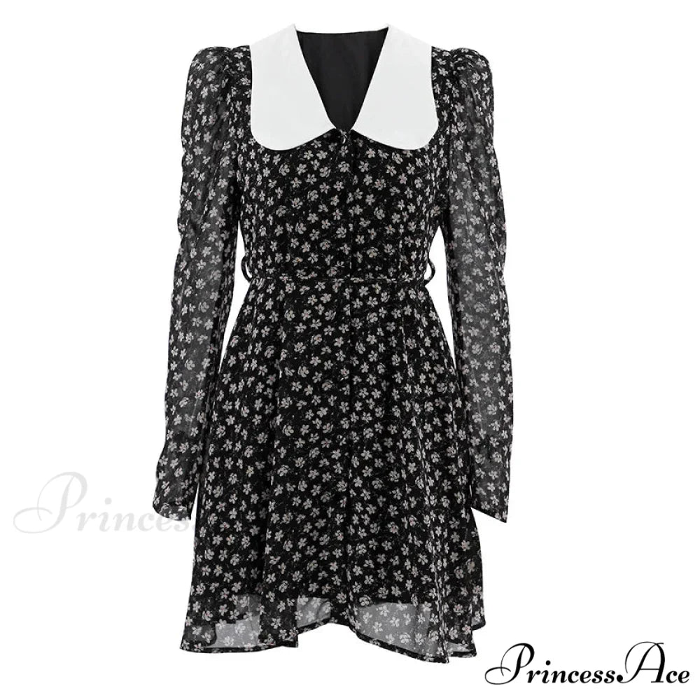 2024 Spring French Puff Sleeve Women’s Doll Collar Waist Long Sleeve A-Link Skirt Summer Floral Dress