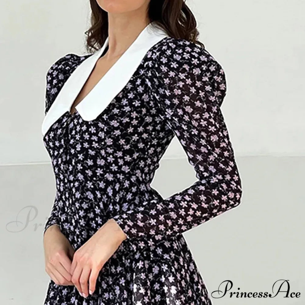 2024 Spring French Puff Sleeve Women’s Doll Collar Waist Long Sleeve A-Link Skirt Summer Floral Dress