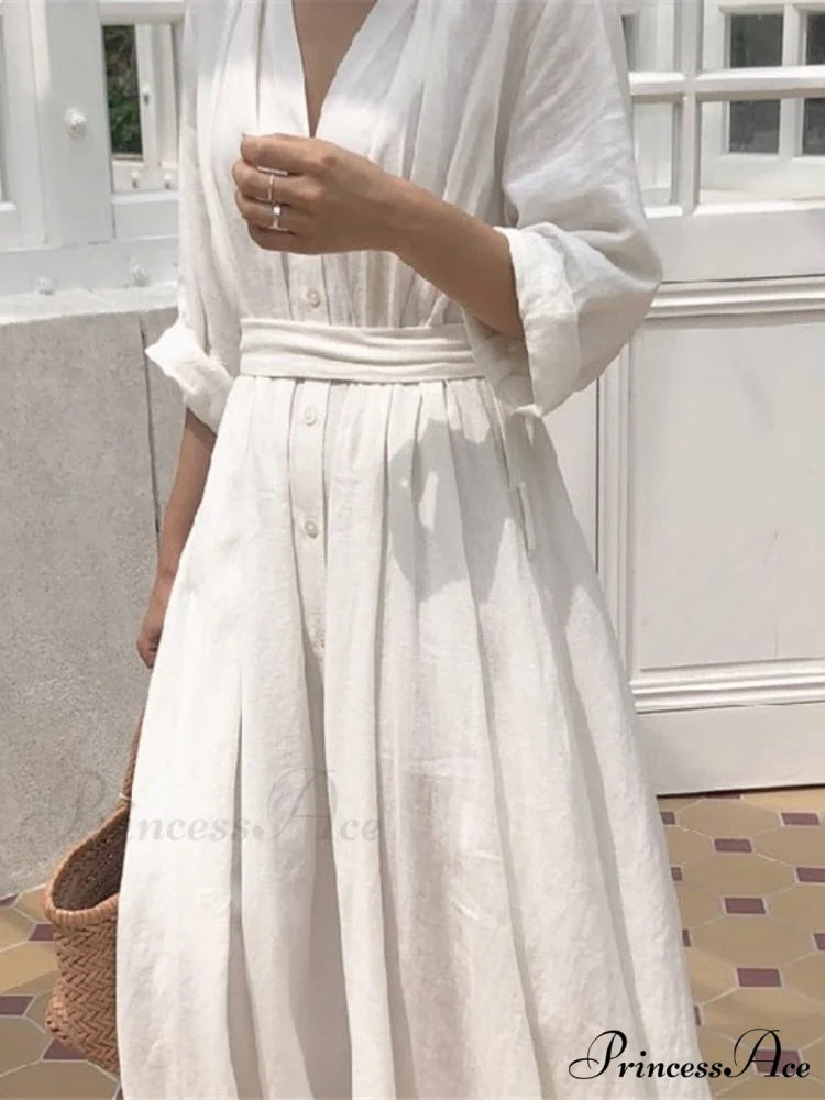 2024 Spring Linen Trendy Female Fashion Korean Sleeved Autumn Solid Blouse Gown Loose Folded Long Fitting Clothing