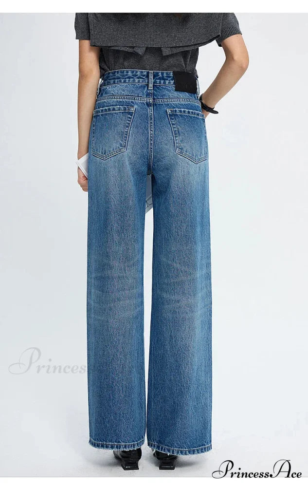 2024 Spring New High-waisted Loose Slimming Wide-leg Denim Versatile Floor-length Jean Blue / 25