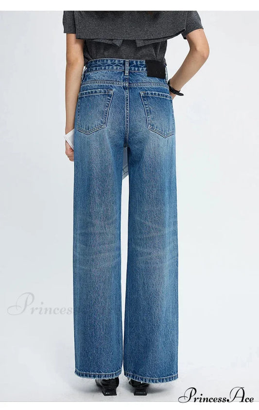 2024 Spring New High-waisted Loose Slimming Wide-leg Denim Versatile Floor-length Jean Blue / 25