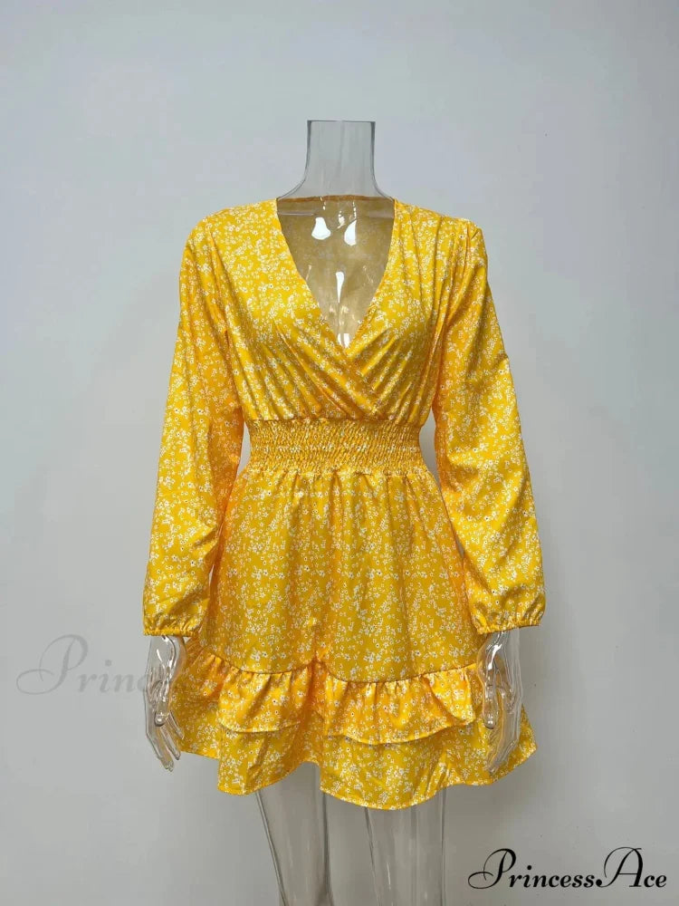 2024 Spring/summer New Chiffon Female Ropa De Mujer Barata Y Env铆o Gratis Ofertas for Women Floral Dress Yellow / S