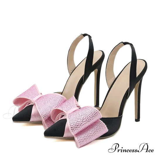 2024 Spring Summer Slingback Sandals Crystal Bowknot Pointed-Toe High-Heels Wedding Prom Ladies High Heel Pink / 35