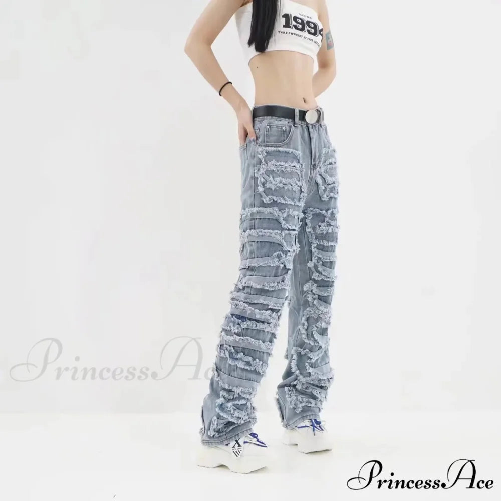 2024 Streetwear Stacked Clothing Y2K Baggy Ripped Hip Hop Straight Vintage Denim Jean