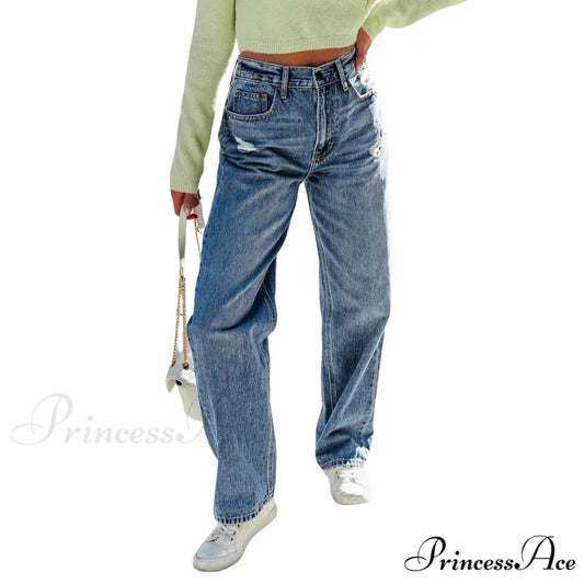 2024 Stretch Women’s Casual Ripped Wide Leg For Women Vintage High Waist Easymatch Straight Jean Blue / S
