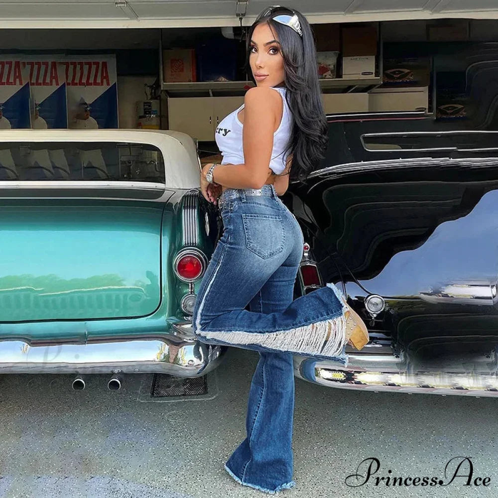 2024 Stretch Women’s Fashion Leg Side Hole Flare High Waist Sexy Fringe Ripped Hollow Denim Streetwear Trouser Jean