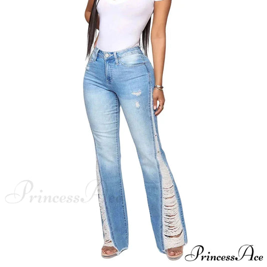 2024 Stretch Women’s Fashion Leg Side Hole Flare High Waist Sexy Fringe Ripped Hollow Denim Streetwear Trouser Jean