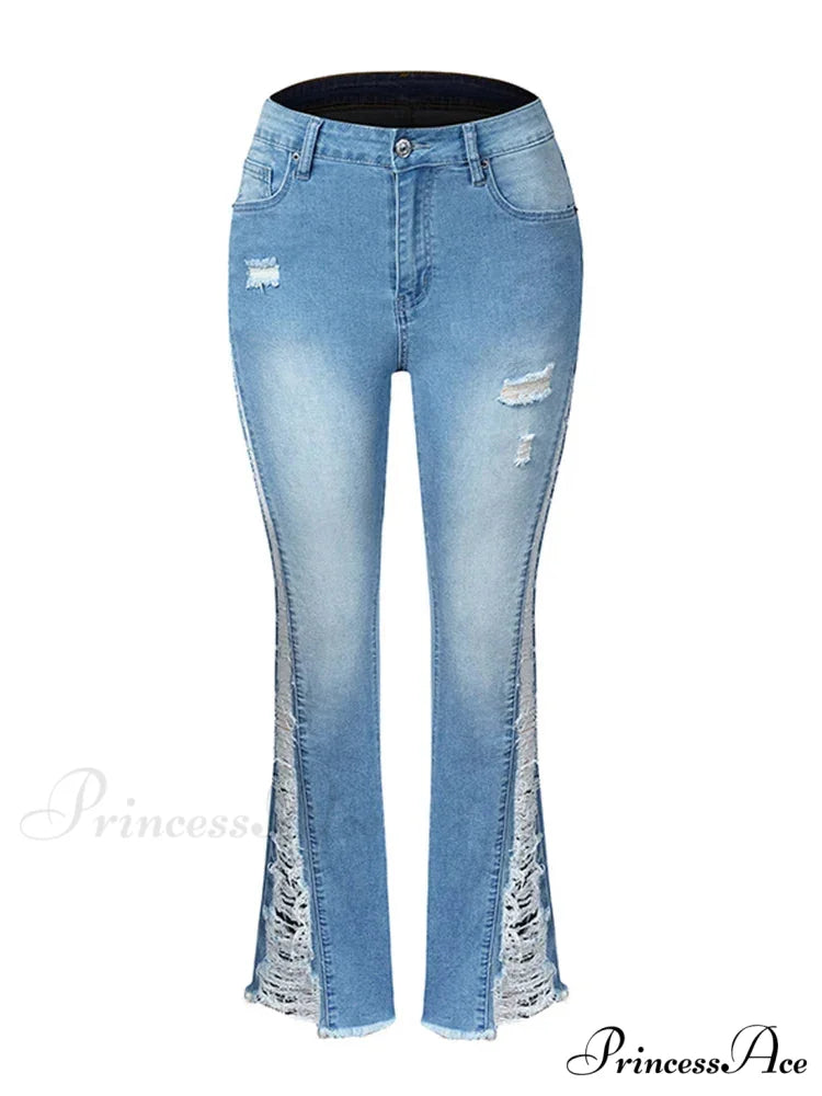 2024 Stretch Women’s Fashion Leg Side Hole Flare High Waist Sexy Fringe Ripped Hollow Denim Streetwear Trouser Jean