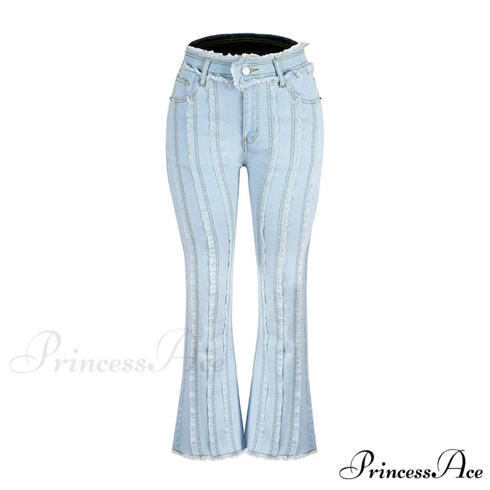 2024 Stretch Women’s Vintage Fashion High Waist Flare Women Slim Spliced Bell Bottom Streetwear Wash Denim Jean Light