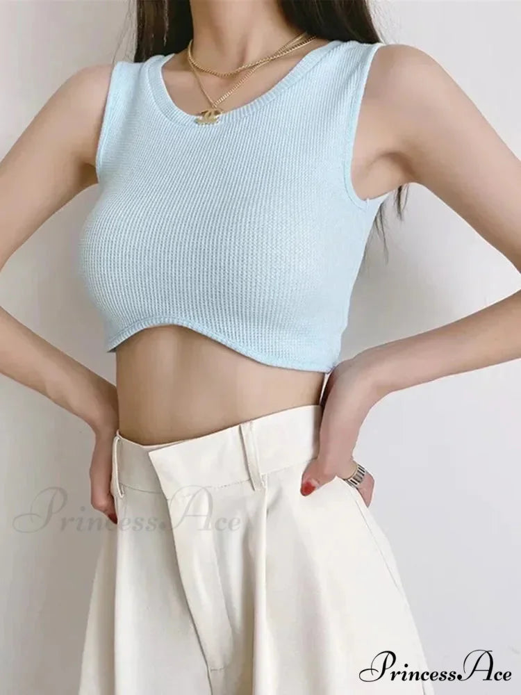 2024 Summer Arrival Women Causal Solid Color Knit O-Neck Streetwear Schoolwear Tank top Blue / S