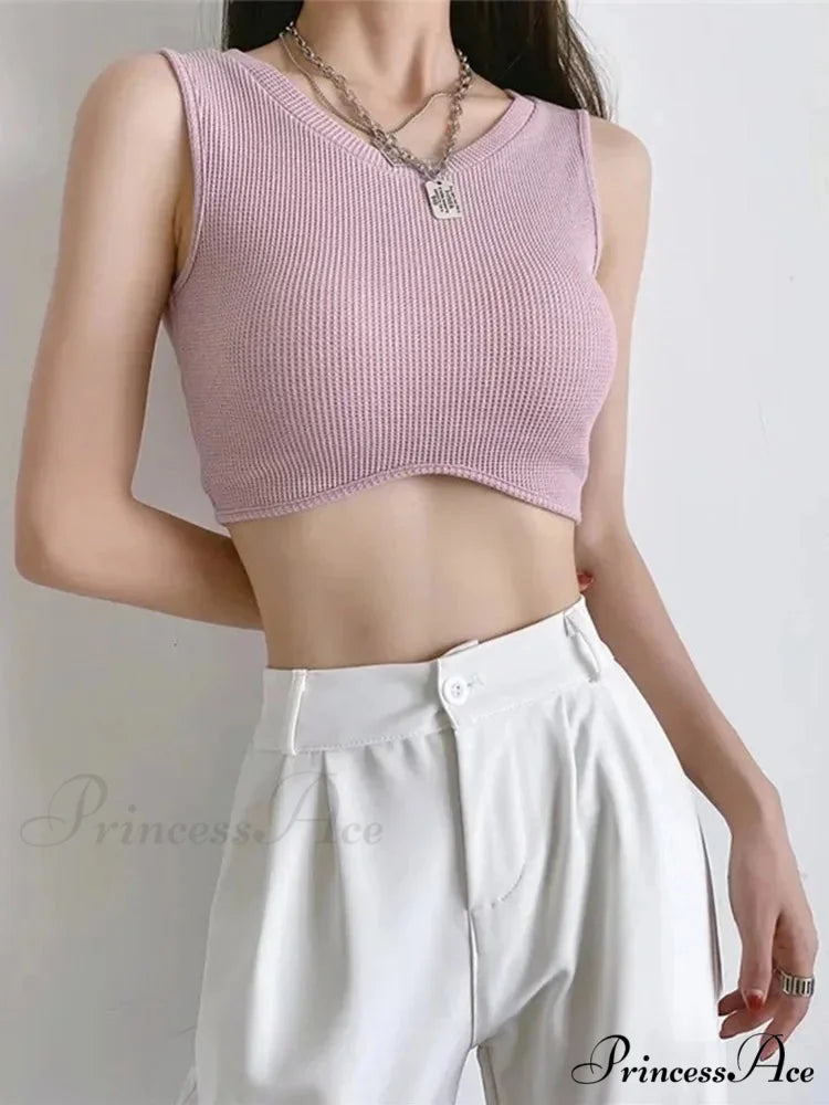2024 Summer Arrival Women Causal Solid Color Knit O-Neck Streetwear Schoolwear Tank top PURPLE / S