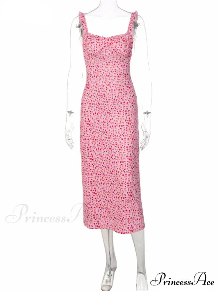 2024 Summer Beach Women’s Casual Pink Strap Print Floral Women’s Ruched Party Sexy Club Midi Dress