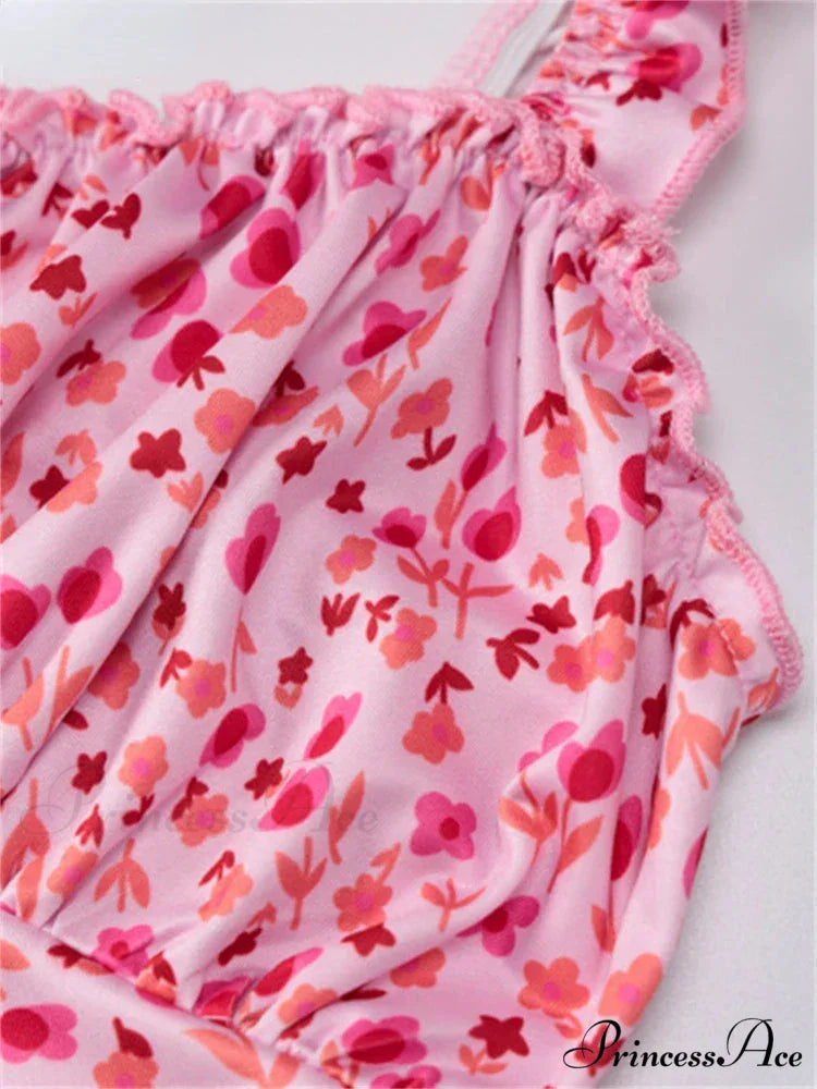 2024 Summer Beach Women’s Casual Pink Strap Print Floral Women’s Ruched Party Sexy Club Midi Dress