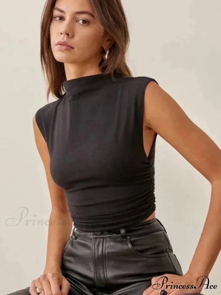 2024 Summer Black Turtleneck Crop Purple Solid Sleeveless Women Tshirt Rave Outfits E Girl Colorful Tank top Black / S