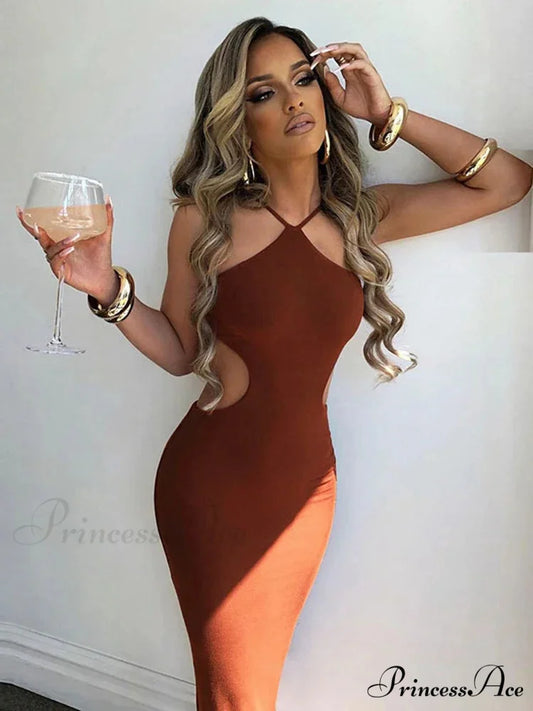 2024 Summer Halter for Women’s Sleeveless Backless Club Party Cutout Bandage Midi Dress Clothes Sexy