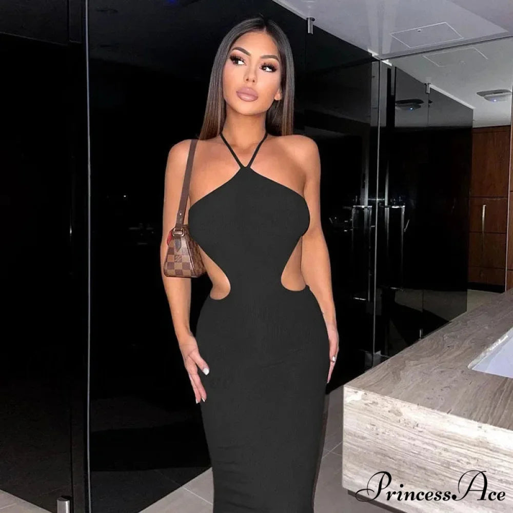 2024 Summer Halter for Women’s Sleeveless Backless Club Party Cutout Bandage Midi Dress Clothes Sexy Black / S