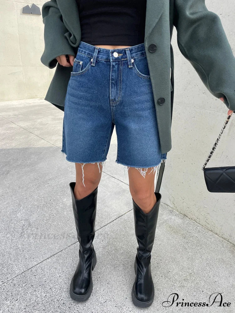 2024 Summer High Waist Denim Pockets Burrs Blue Color Jeans Streetwear Casual Short Blue / S