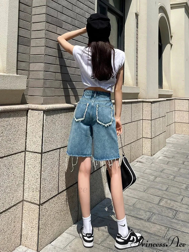 2024 Summer Jean Street Wear Waist Burrs Wide Leg Bermuda Denim Short